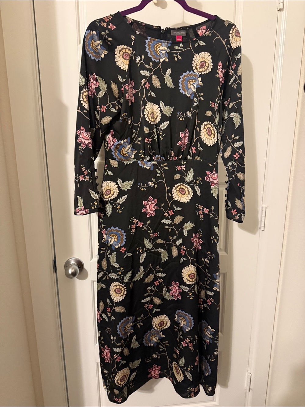 Vince Camuto Black Floral Long Sleeve Maxi Dress with Blue and Pink Blooms